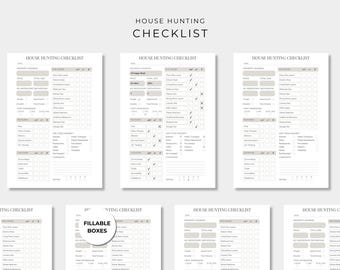 Peut inclure: Un ensemble de modèles de liste de contrôle pour la recherche de maison avec un design neutre et des cases à remplir. Chaque page comprend des sections pour l'adresse, le prix, les pièces, les caractéristiques et les premières impressions.