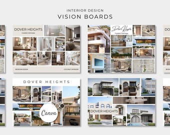 May include: A collection of interior design vision boards titled Dover Heights Coastal Calmness, featuring multiple collages of architectural exteriors, modern home interiors, bedroom layouts, and neutral color palettes with the Canva logo.
