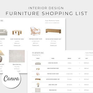 以下が含まれることがあります： 家具の買い物リストテンプレート。家具の画像と、名前、ブランド、数量、価格、商品リンクなどの商品詳細が記載された表があります。このテンプレートは、インテリアデザイナーがクライアントのために買い物リストを作成するために設計されています。