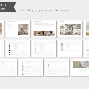 May include: A digital document template set containing 14 fully customizable pages. The layout features white backgrounds with black text, including headers like YOU WILL RECEIVE, 14 fully customizable pages, and various tables, lists, and interior design imagery.