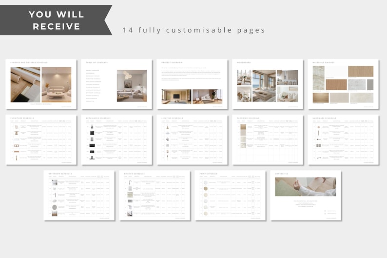 May include: A digital document template set containing 14 fully customizable pages. The layout features white backgrounds with black text, including headers like YOU WILL RECEIVE, 14 fully customizable pages, and various tables, lists, and interior design imagery.