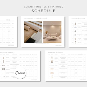 Programa de acabados y accesorios para clientes, programa de mobiliario, plantilla de Canva, plantilla de diseño de interiores, presentación de diseño, programa de muebles