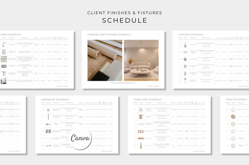 May include: A digital client finishes and fixtures schedule template featuring multiple organized tables for kitchen, lighting, hardware, furniture, and paint selections. The layout includes columns for item, product, description, supplier, and cost, with a Canva logo.