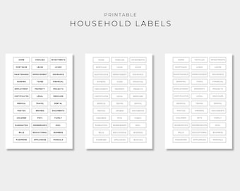 Op de afbeelding: Drie identieke vellen met printbare huishoudelijke labels met zwarte tekst op een witte achtergrond. Elk vel bevat rijen rechthoekige labels met categorieën zoals Home, Vehicles, Investments, Mortgage, Lease, Loans en andere.