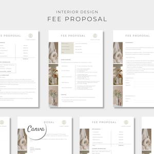 May include: A set of white interior design fee proposal documents featuring the text FEE PROPOSAL at the top. Each page includes a vertical column of neutral-toned imagery on the left side, clean black typography, and structured sections for project details.