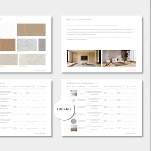 May include: A digital interior design project template featuring four pages with sections for materials, project overview, appliances, and bathroom schedules. The layout includes text, tables, and imagery, with a circular label stating Editable.