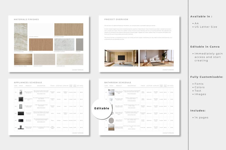 May include: A digital interior design project template featuring four pages with sections for materials, project overview, appliances, and bathroom schedules. The layout includes text, tables, and imagery, with a circular label stating Editable.