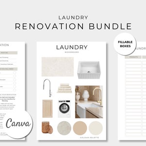 Paquete de renovación de lavandería, plantilla de tablero de ideas para lavandería, lista de verificación para la renovación de lavandería, plantilla editable de Canva, planificador de productos para el hogar