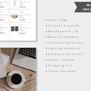 May include: A digital interior design presentation document featuring a product inventory grid with images and dimensions, a list titled WHAT'S INCLUDED containing items like Cover Page and Shopping List, and a thank you page with a laptop and coffee.