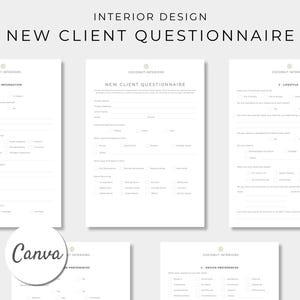 May include: A collection of white paper questionnaires with the text "Interior Design" and "New Client Questionnaire" at the top. The questionnaires are for Coconut Interiors and include sections for project information, design preferences, and lifestyle.