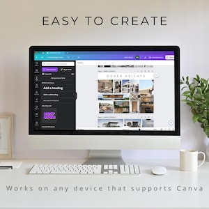 Puede incluir: Una pantalla de computadora que muestra un sitio web con una plantilla de dise&ntilde;o para un anuncio de bienes ra&iacute;ces. La plantilla presenta un collage de fotos de un edificio llamado "Dover Heights". El texto "EASY TO CREATE" se muestra encima de la pantalla de la computadora. El texto "Funciona en cualquier dispositivo que admita Canva" se muestra debajo de la pantalla de la computadora.