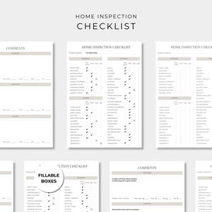 May include: A set of white home inspection checklist documents with black text and gray headers. The pages feature organized sections for exterior and interior areas, including checkboxes for status, and dedicated comment sections for notes.