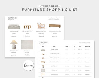 Interior Design Furniture Shopping List, Editable Canva Template, Finishes and Fixtures Schedule, Product Selection, Interior Mood Board