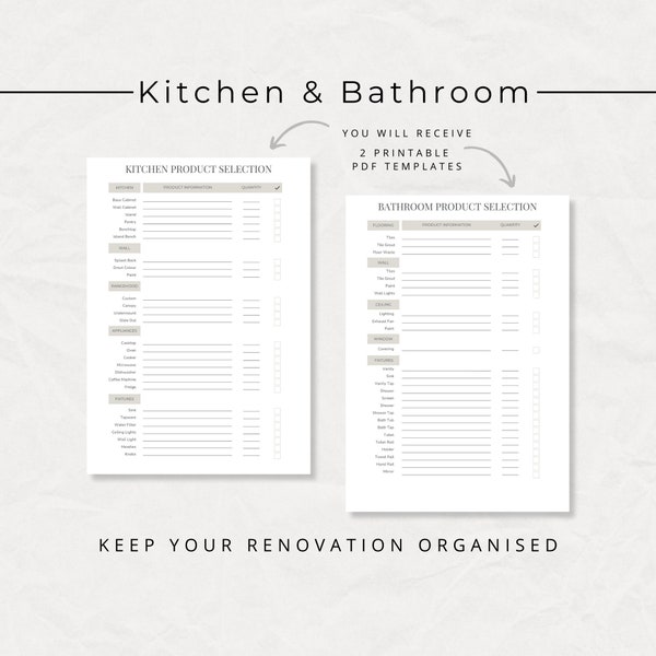 Kitchen and Bathroom Product Selection Template, Printable Kitchen Template, Bathroom Printable Template, Product Planners, Home Renovation