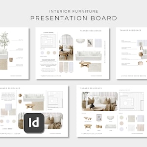 May include: An interior furniture presentation board template featuring multiple layouts for the Tanner Residence. The design includes floor plans, furniture selections, color palettes, and room mood boards with white, beige, and neutral tones.