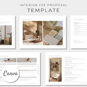 Plantilla de propuesta de honorarios de interiores, plantilla de Canva, programa de diseño electrónico, presentación al cliente, propuesta de proyecto, plantilla de mood board, resumen de costos