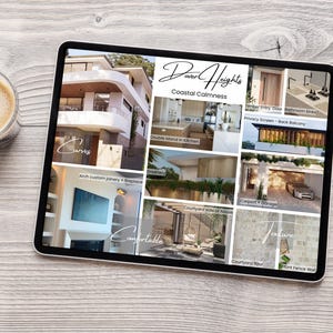 Puede incluir: Una tableta digital que muestra un collage de im&aacute;genes que muestran una casa moderna con l&iacute;neas curvas, una cocina con una isla doble, un patio, un carport y una pantalla de privacidad. El texto "Dover Heights Coastal Calmness" est&aacute; en la parte superior del collage.
