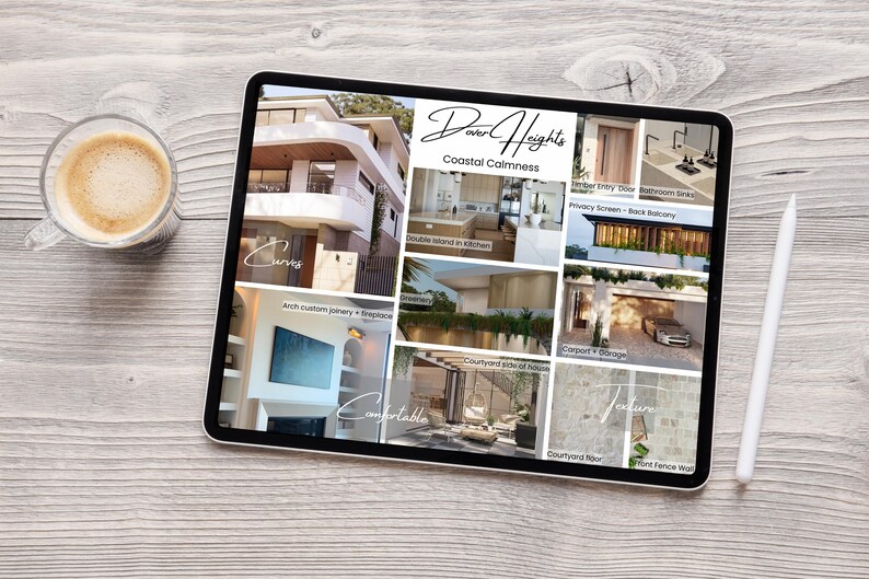 Puede incluir: Una tableta digital que muestra un collage de im&aacute;genes que muestran una casa moderna con l&iacute;neas curvas, una cocina con una isla doble, un patio, un carport y una pantalla de privacidad. El texto "Dover Heights Coastal Calmness" est&aacute; en la parte superior del collage.