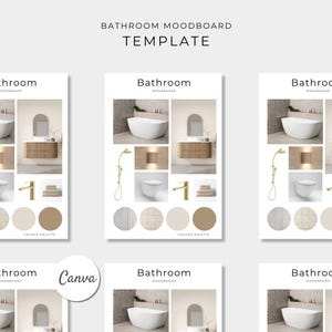 Plantilla editable de tablero de inspiración para baños en Canva, plantilla de renovación en Canva, tablero de inspiración conceptual para baños, tablero de inspiración simple para diseño de interiores,