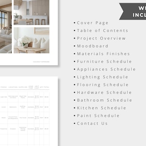 May include: A digital interior design project document featuring a collage of room photos, a detailed product schedule table, and a list titled WHAT'S INCLUDED? containing sections like Cover Page, Table of Contents, and various room schedules.