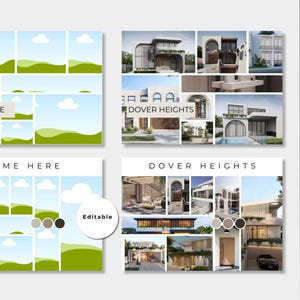 Puede incluir: Un collage de im&aacute;genes que presenta una casa moderna con piscina y paisajismo. El collage est&aacute; dividido en nueve cuadrados, con el texto "Dover Heights" en el centro. El collage est&aacute; etiquetado como "Editable" e incluye una paleta de colores.