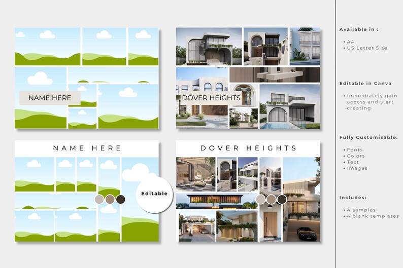 Puede incluir: Un collage de im&aacute;genes que presenta una casa moderna con piscina y paisajismo. El collage est&aacute; dividido en nueve cuadrados, con el texto "Dover Heights" en el centro. El collage est&aacute; etiquetado como "Editable" e incluye una paleta de colores.