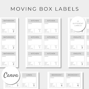 Étiquettes imprimables pour boîte de déménagement, Organisation pour déménagement, Étiquettes de déménagement, Étiquette de boîte d'emballage, Modèle modifiable sur toile, Étiquettes imprimables