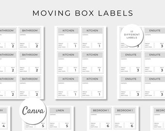May include: A set of printable moving box labels in black and white with a gray background. The labels are designed for different rooms in a house, including bathroom, kitchen, ensuite, laundry, linen, and bedroom. The labels include space for writing the contents of the box, whether the items are fragile, heavy, or should not be stacked, and the box number.