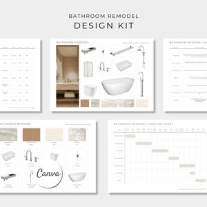 Könnte beinhalten: Ein Badezimmer-Renovierungs-Design-Kit mit mehreren Seiten, die den Text Bathroom Remodel Design Kit, Bathroom Remodel Schedule und Bathroom Remodel Timeline Chart enthalten. Die Seiten zeigen verschiedene Badezimmerarmaturen, Materialmuster und Planungsraster.