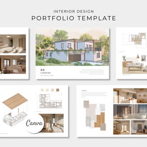 Può includere: Un modello di portfolio per interior design con diverse pagine che mostrano rendering architettonici, planimetrie, moodboard e fotografie di interni. Il layout include intestazioni come INTERIOR DESIGN PORTFOLIO TEMPLATE e LYREBIRD, con un'illustrazione di una casa moderna.