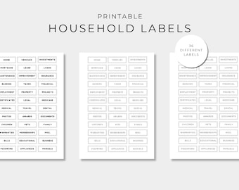 Printable Household Labels, Filing System, Home Organisation, Binder Labels, Folder Labels