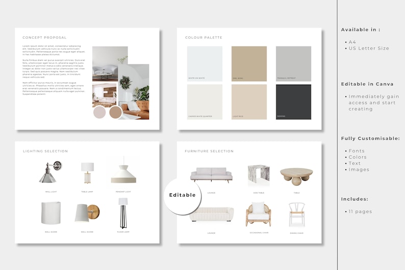 Design Presentation Mood Board Kit, Editable Canva Template, Interior Design Mood Board Template, Project Proposal, Furniture Selection image 2