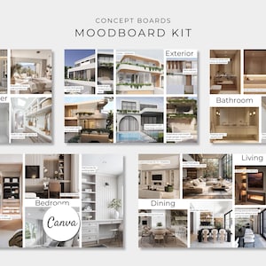Op de afbeelding: Een digitale moodboard-kit getiteld Concept Boards met meerdere interieurontwerp-lay-outs voor kamers zoals de keuken, slaapkamer, woonkamer, eetkamer, badkamer en exterieur, inclusief het Canva-logo.