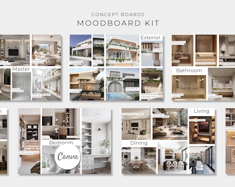 May include: A digital moodboard kit titled Concept Boards featuring multiple interior design layouts for rooms including a kitchen, bedroom, living room, dining room, bathroom, and exterior. The layout includes text labels for each space and a Canva logo.