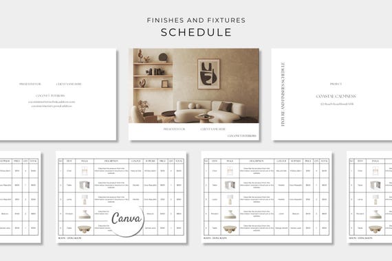 Finishes and Fixtures Schedule Template, FF&E Schedule, Canva Editable Template, Interior Design Mood Board, Hardware and Fixtures