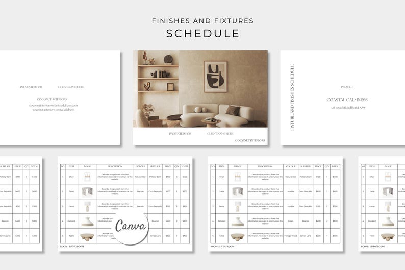 Finishes and Fixtures Schedule Template, FF&E Schedule, Canva Editable Template, Interior Design Mood Board, Hardware and Fixtures image 1