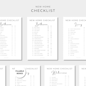 May include: A set of white New Home Checklist pages with black text. Each page features a specific room category like Bathroom, Living, Laundry, or Kitchenware, with numbered lists of items and empty square checkboxes for tracking household essentials.