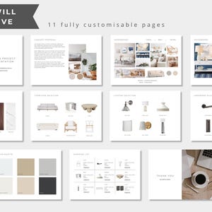 May include: A digital design project presentation template featuring 11 fully customizable pages. The layout includes sections for concept proposals, mood boards, material samples, furniture, lighting, and hardware selections, a color palette, and a shopping list.