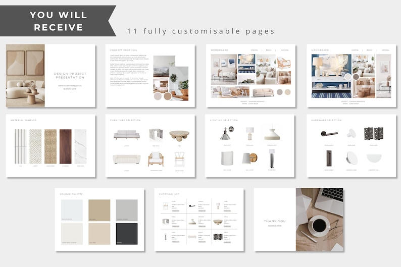 May include: A digital design project presentation template featuring 11 fully customizable pages. The layout includes sections for concept proposals, mood boards, material samples, furniture, lighting, and hardware selections, a color palette, and a shopping list.