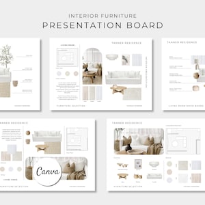 Könnte beinhalten: Eine digitale Vorlage für ein Innenmöbel-Präsentationsboard für die Tanner Residence. Das Design umfasst Grundrisse, Möbelauswahlen, Farbpaletten und Wohnzimmer-Moodboards mit weißen Sofas und verschiedenen Einrichtungsgegenständen.