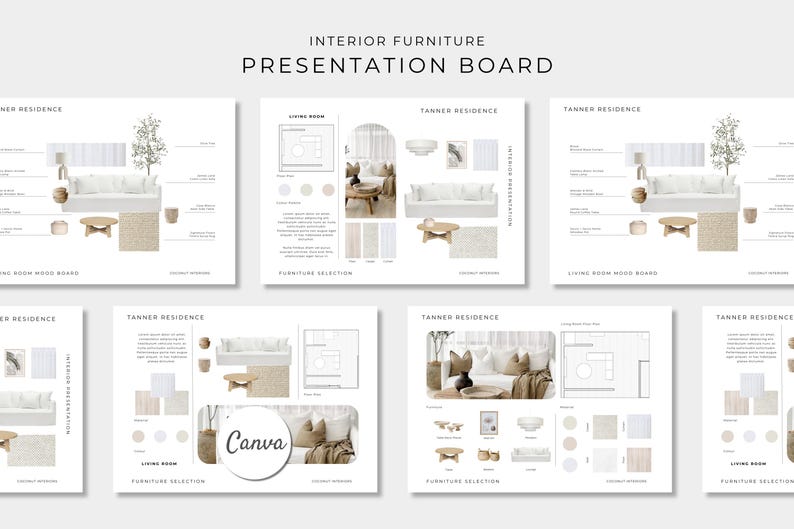 May include: A digital interior furniture presentation board template featuring multiple layouts for the Tanner Residence. The design includes floor plans, furniture selections, color palettes, and living room mood boards with white sofas.