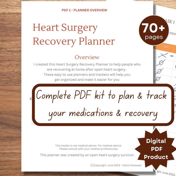 Heart Surgery Recovery Planner. Open Heart Surgery Digital PDF Download. Post Op, Recovery Surgery Tracker, Pill Planner, Pill tracker.