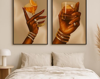 Set of 2 Abstract Black Girl Luxury Art Prints – Digital Download (24x36in)