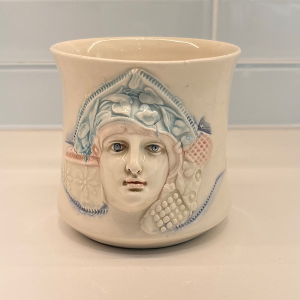 RARE Vintage Tacoma Art Pottery David Keyes signed & stamped Mug 3-D Man's Face - Art Deco or Art Nouveau style. Circa 70s 80s.