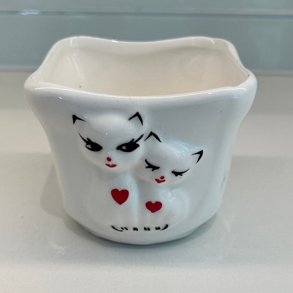 One-of-a-kind Adorable small planter or bowl with Momma Cat and Kitten pressed for a 2D-Effect with painted highlights - See Description.