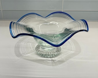 Console Bowl-Art Glass Clear Bowl with Blue Rim and pedestal base - elegant wave ruffle to the rim -No disclosures- 8" diameter x 3.25" tall