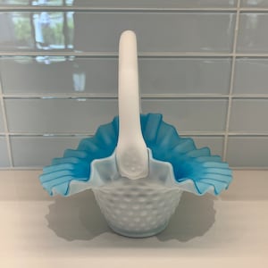 Vintage Kanawha Satin Milk Glass with an Aqua Blue Interior Hobnail Basket with Ruffled Edges. 6.75&quot; H x 7&quot; W. No Disclosures.