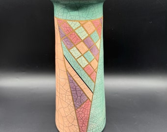Zabytkowa, sygnowana świeca filarowa Raku Art Pottery firmy Mindy Brunn w pastelowych kolorach ze złotymi akcentami w stylu południowo-zachodnim, z 2000 r.