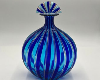 Vintage Murano art glass decanter - Blue, Teal, and Rose gold stripes. No Disclosures. 11.5” H x 7” W.