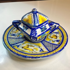 Rare Antique 1800s Spanish Talavera Faience Majolica Pottery 10" Plate and Serving Jar & lid. AS IS Glaze/paint ware some chips see photos